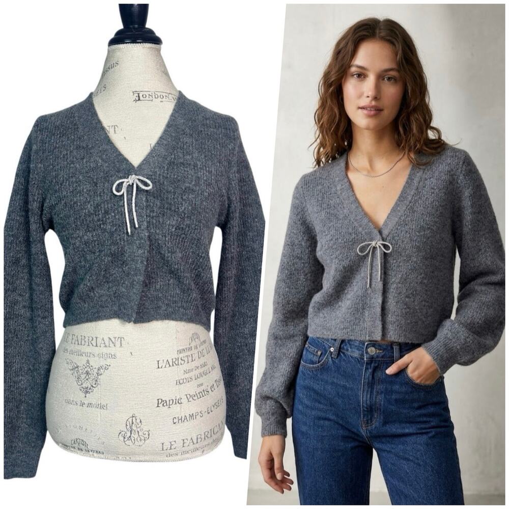 H&M | Women | Gray Wool Blend Ribbed Knit Rhinestone Bow Cropped Cardigan | XS